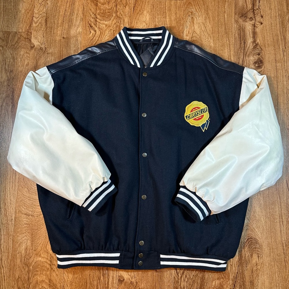 Y2K Chrysler Wool & Faux Leather Varsity Jacket Mens Size XXL Black & White